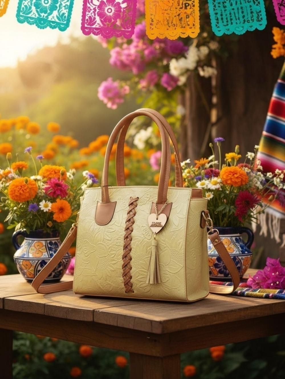 Sunflower Buttery Yellow Cross Stitch Embossed Tooled Artisan LEATHER Bag Purse